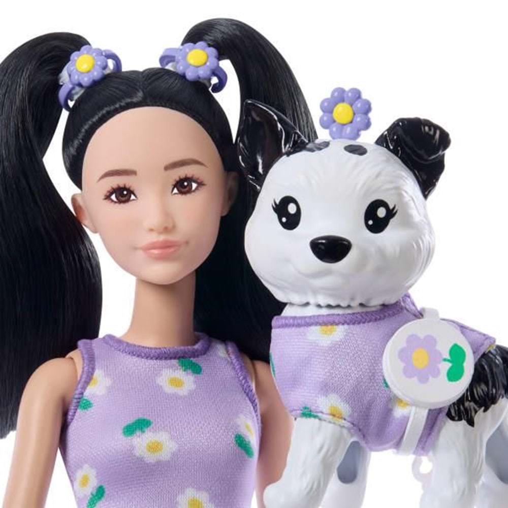 Barbie Uyumlu Dostlar Siyah Saçlı Bebek ve Köpekçiği JFP39